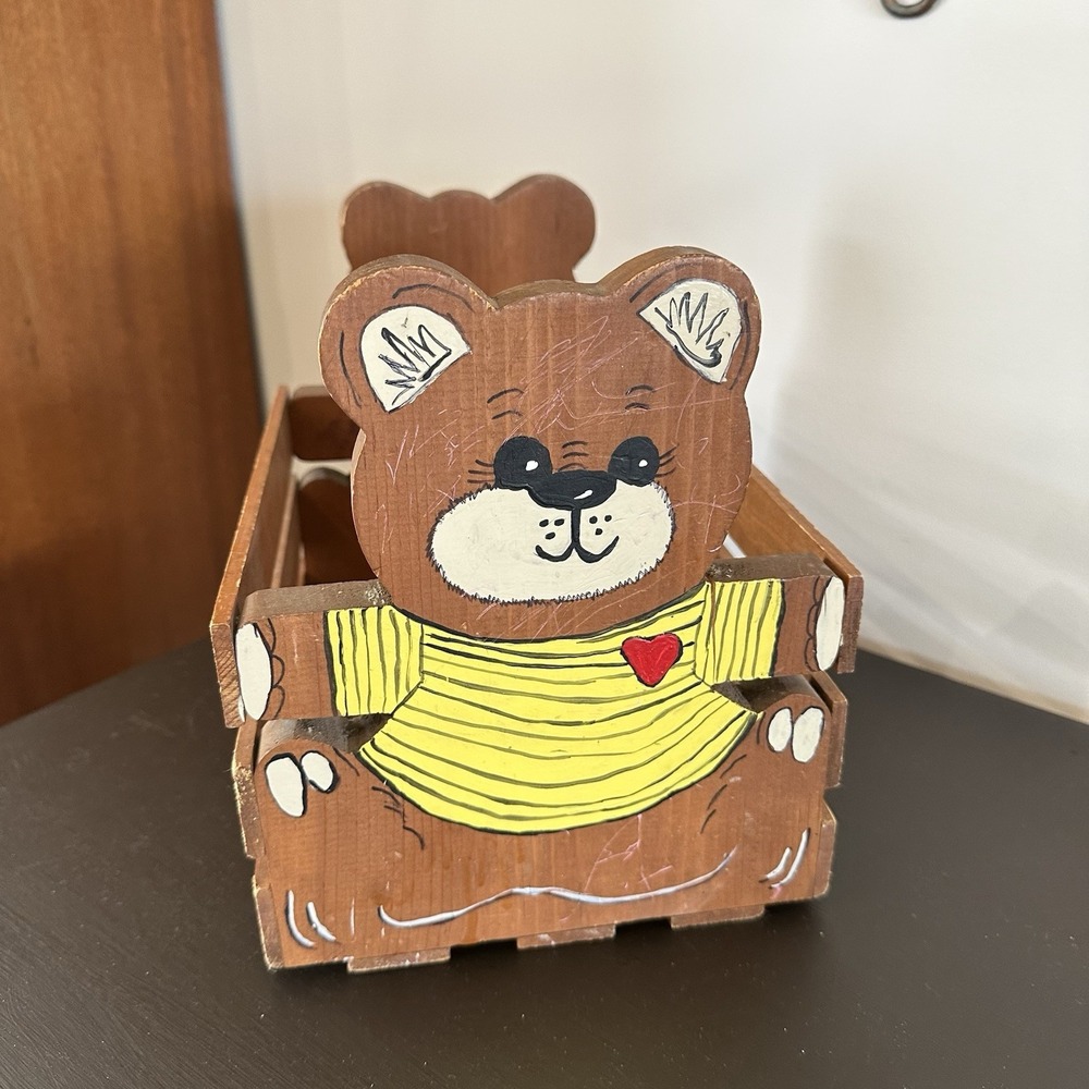 Toy Storage Wooden Box Carved Painted Stained Crate Bear Figurines Basket Rustic - Picture 4 of 11